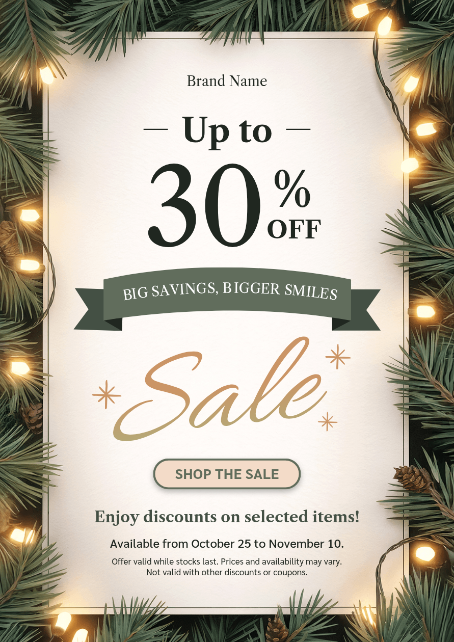 Christmas poster with pine branches, warm lights, and a large holiday sale discount