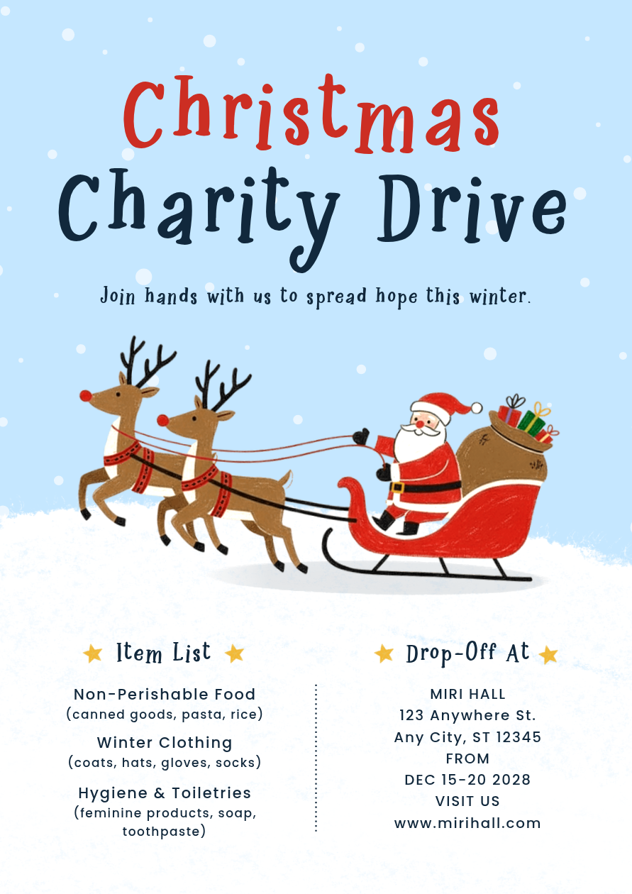 Christmas flyer with Santa’s sleigh and separate donation item and drop-off sections
