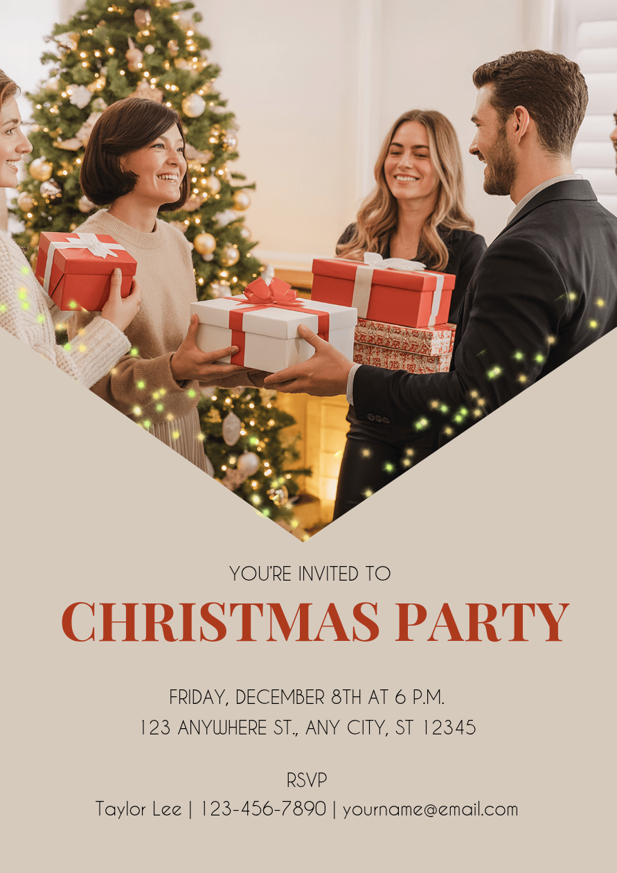 Christmas flyer for a team party with a photo of adults exchanging gifts beside a tree