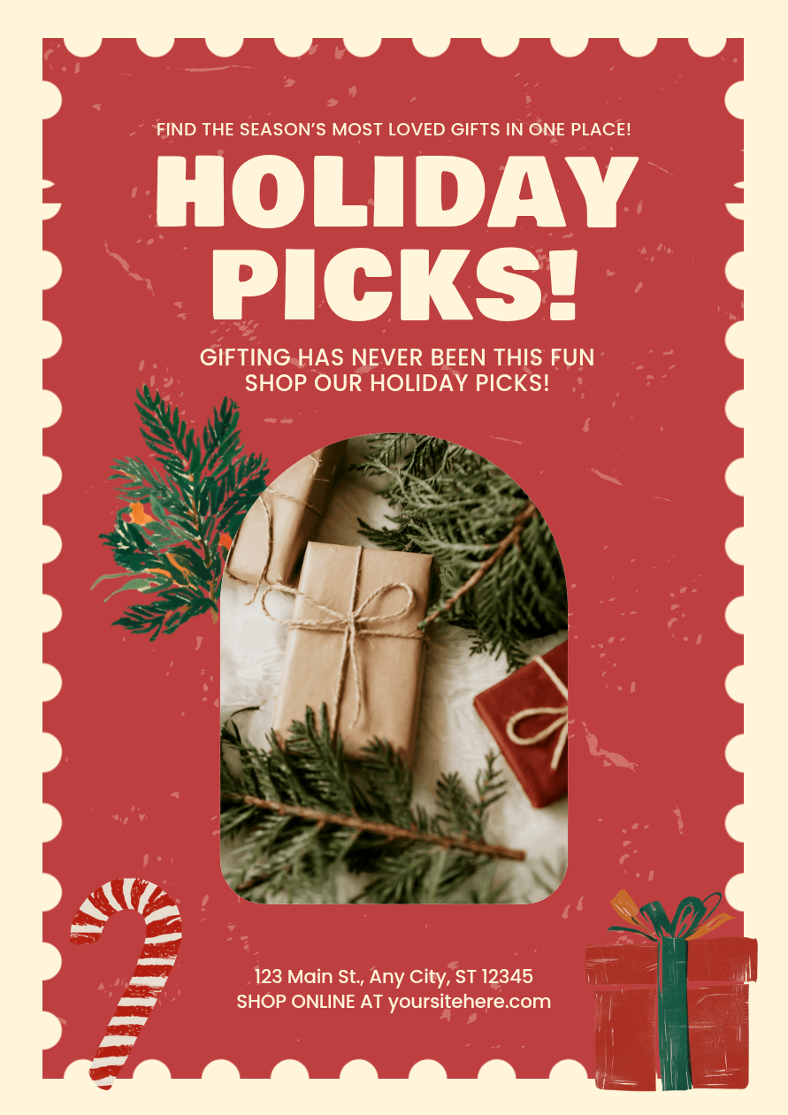 Christmas poster with a red stamp-style border, wrapped gifts, and a Holiday Picks headline