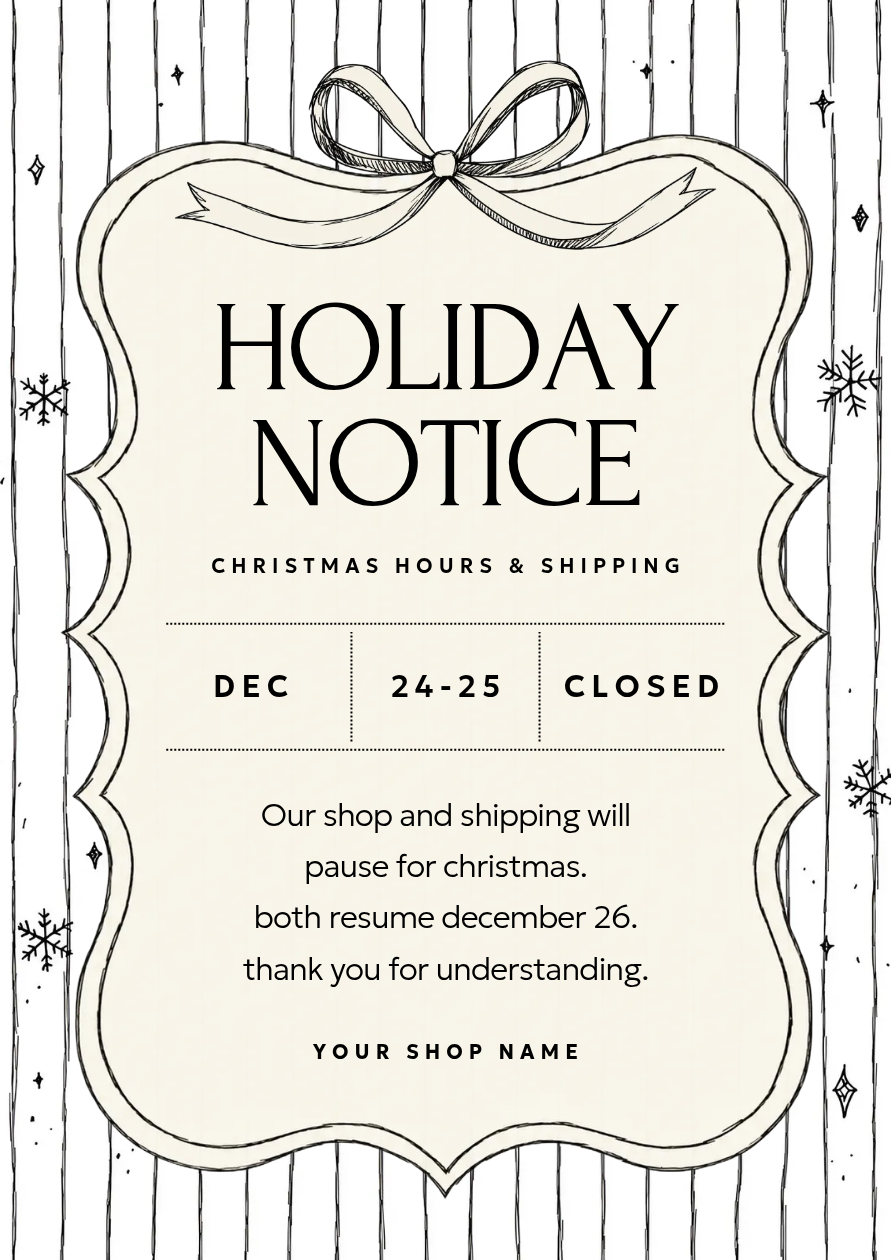 Christmas poster with a ribbon frame and a central holiday hours notice