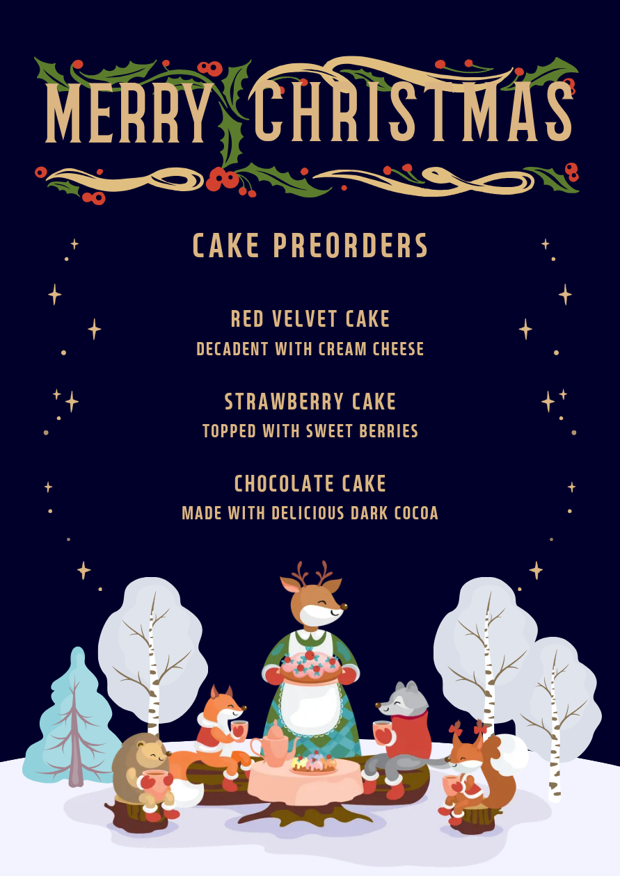 Christmas poster with a navy-and-gold cake preorder menu and three featured cakes