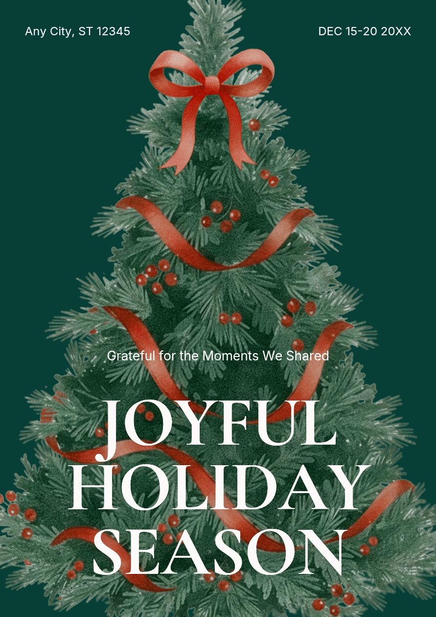Christmas poster with a decorated Christmas tree and a red ribbon on a dark green background and a white seasonal greeting