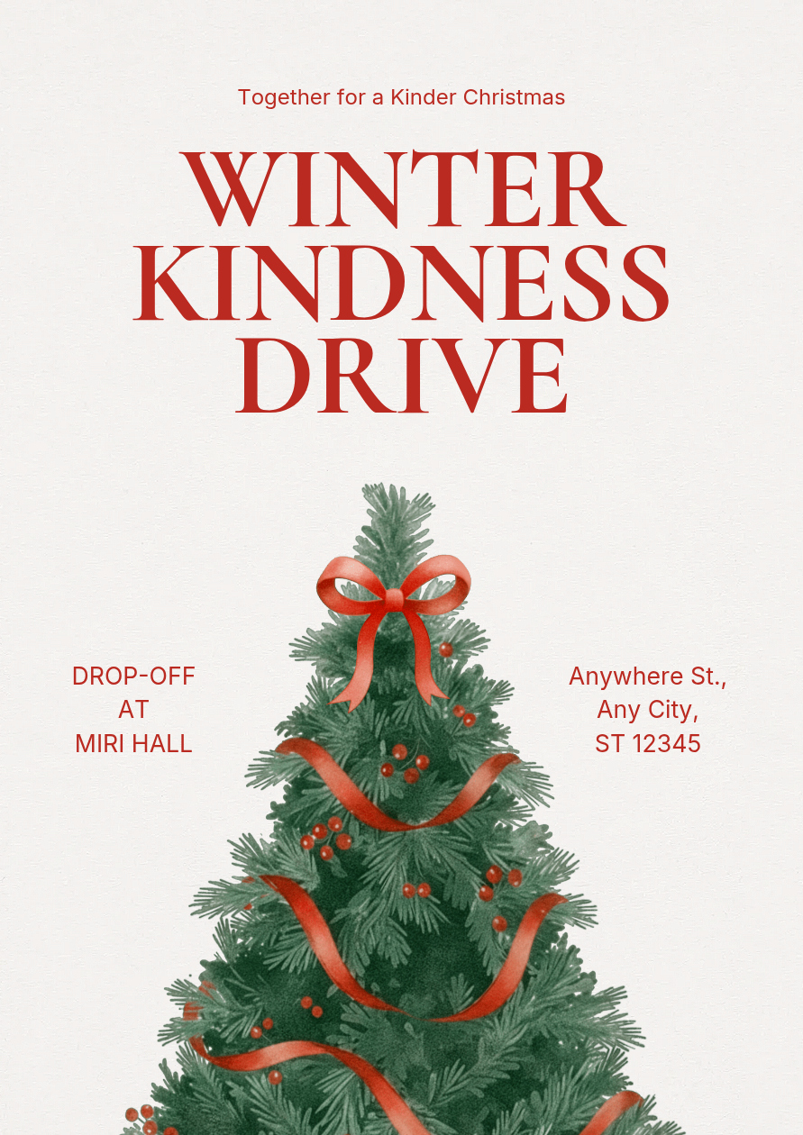 Christmas poster with a large Winter Kindness Drive headline and a decorated tree with a red ribbon