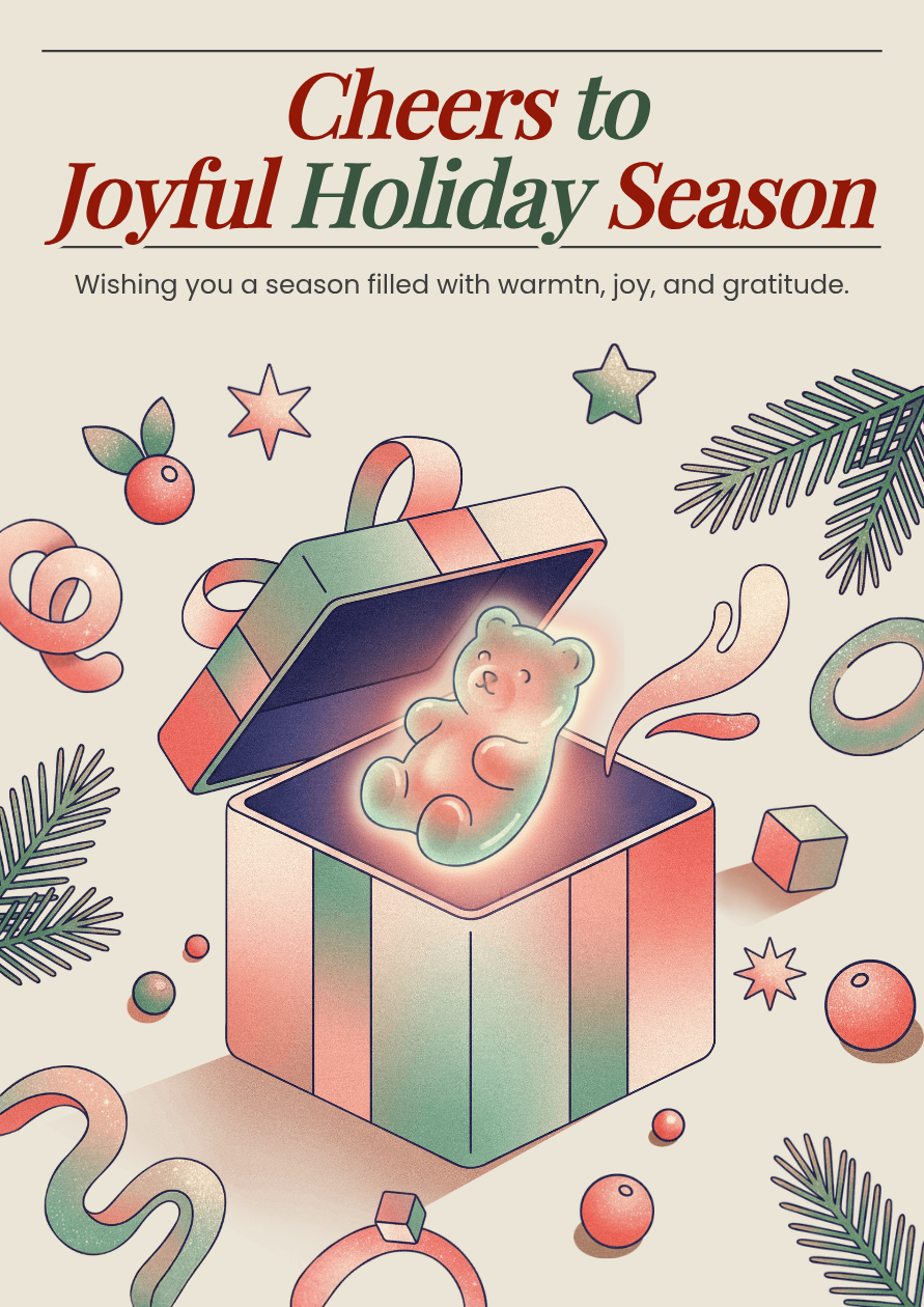Christmas poster with an illustrated gift box, a bear-shaped figure, ribbons, and ornaments