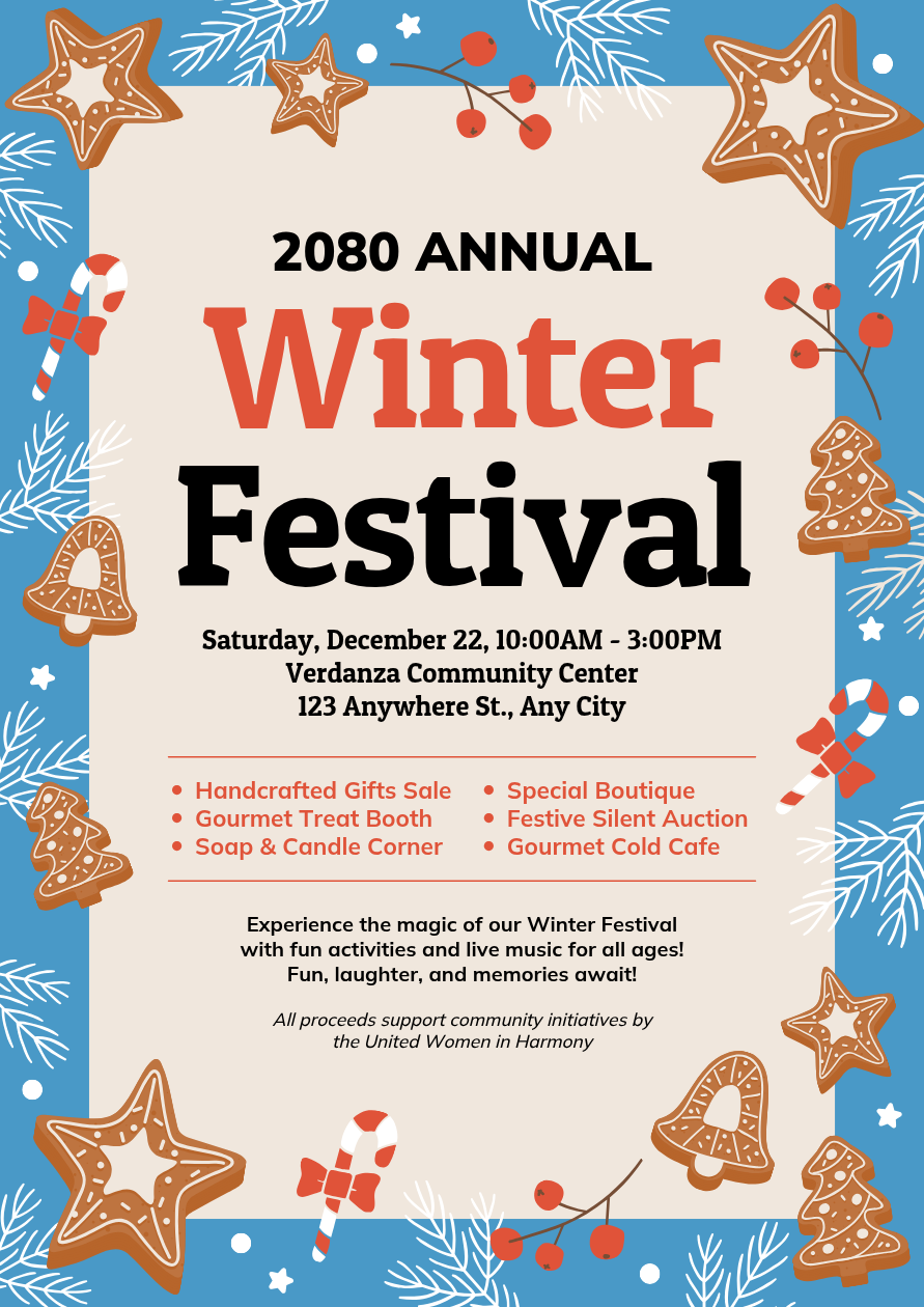 Christmas poster for a winter festival with a gingerbread-cookie border and a two-column activity list