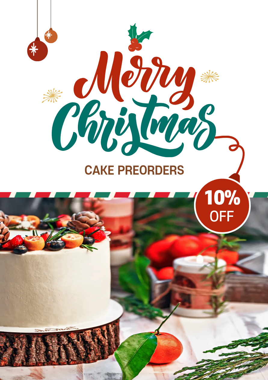 Christmas poster with red-and-green lettering, a cake photo, and a preorder discount badge