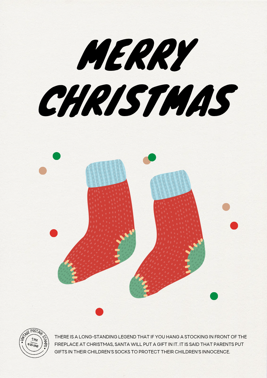 Christmas poster with bold Merry Christmas lettering and two illustrated stockings