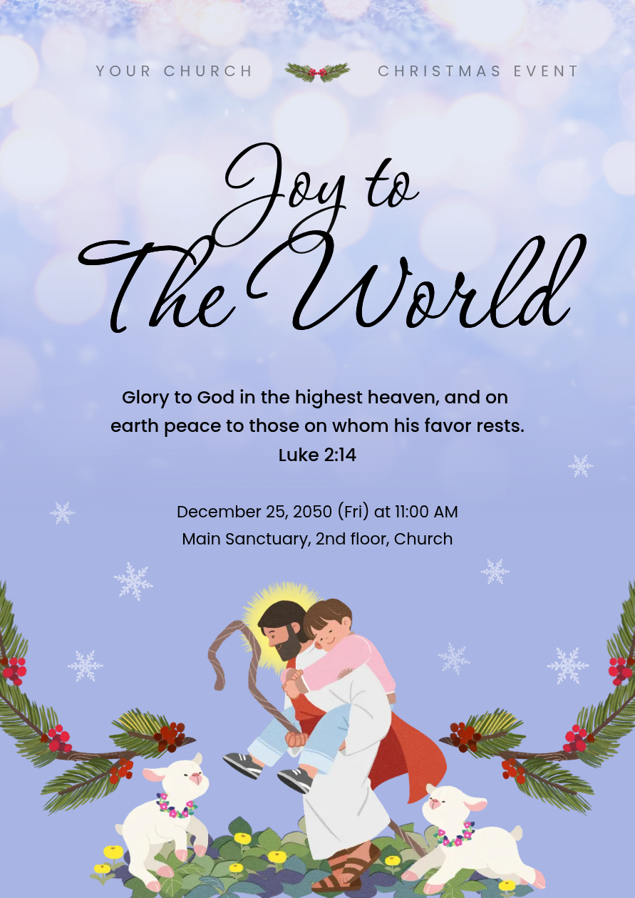Christmas poster with a Joy to the World headline, a Luke 2:14 verse, and an illustration on a lilac background