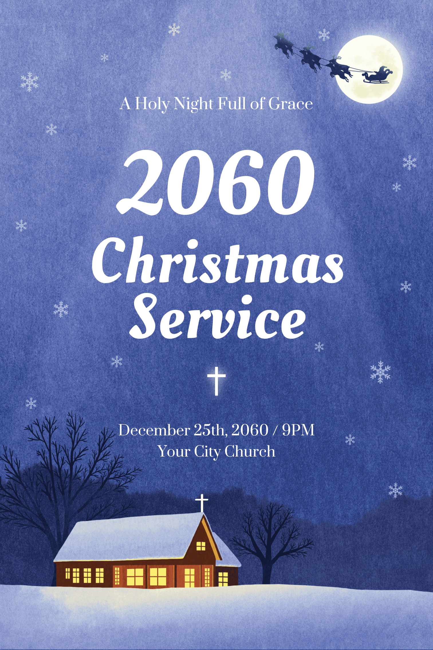 Christmas poster for a church service with a snowy chapel beneath a blue night sky