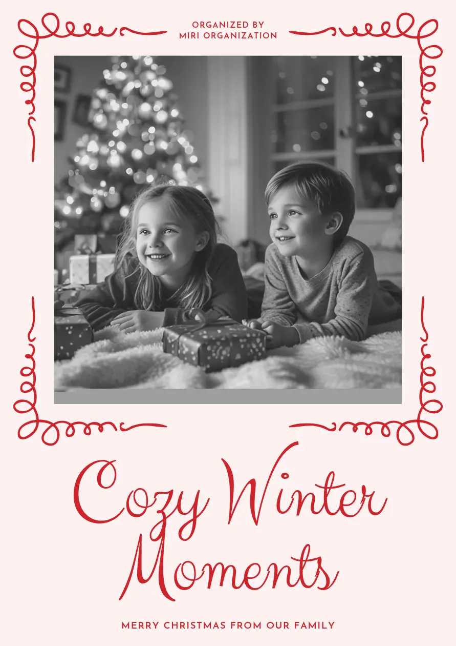 Christmas card with a black-and-white photo, a decorative red border, and Cozy Winter Moments lettering on pale pink