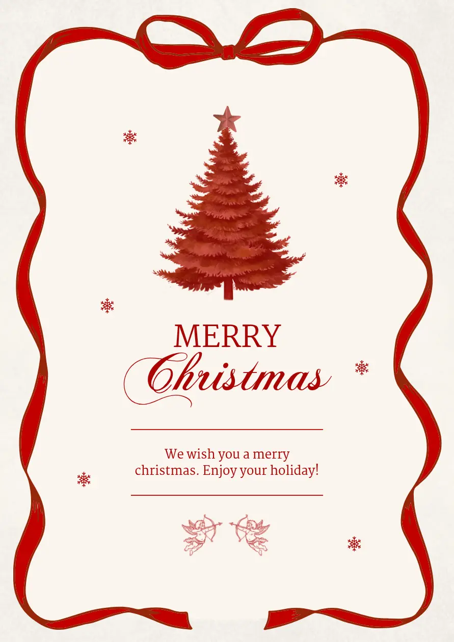Christmas card with a red tree, a ribbon bow, and a wavy red border on a cream background