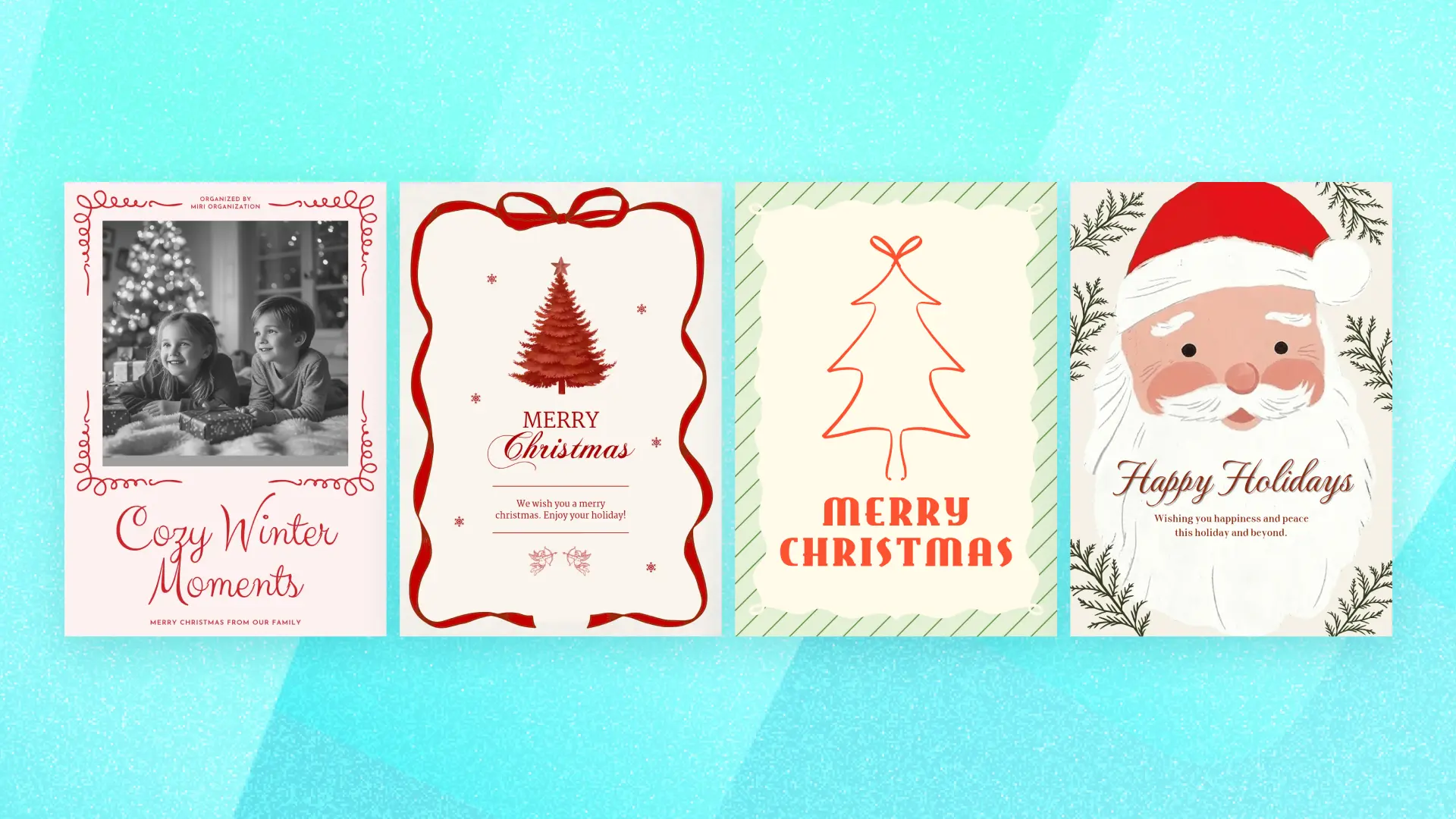 Christmas card ideas featuring a photo design, a red ribbon frame, a line-drawn tree, and Santa