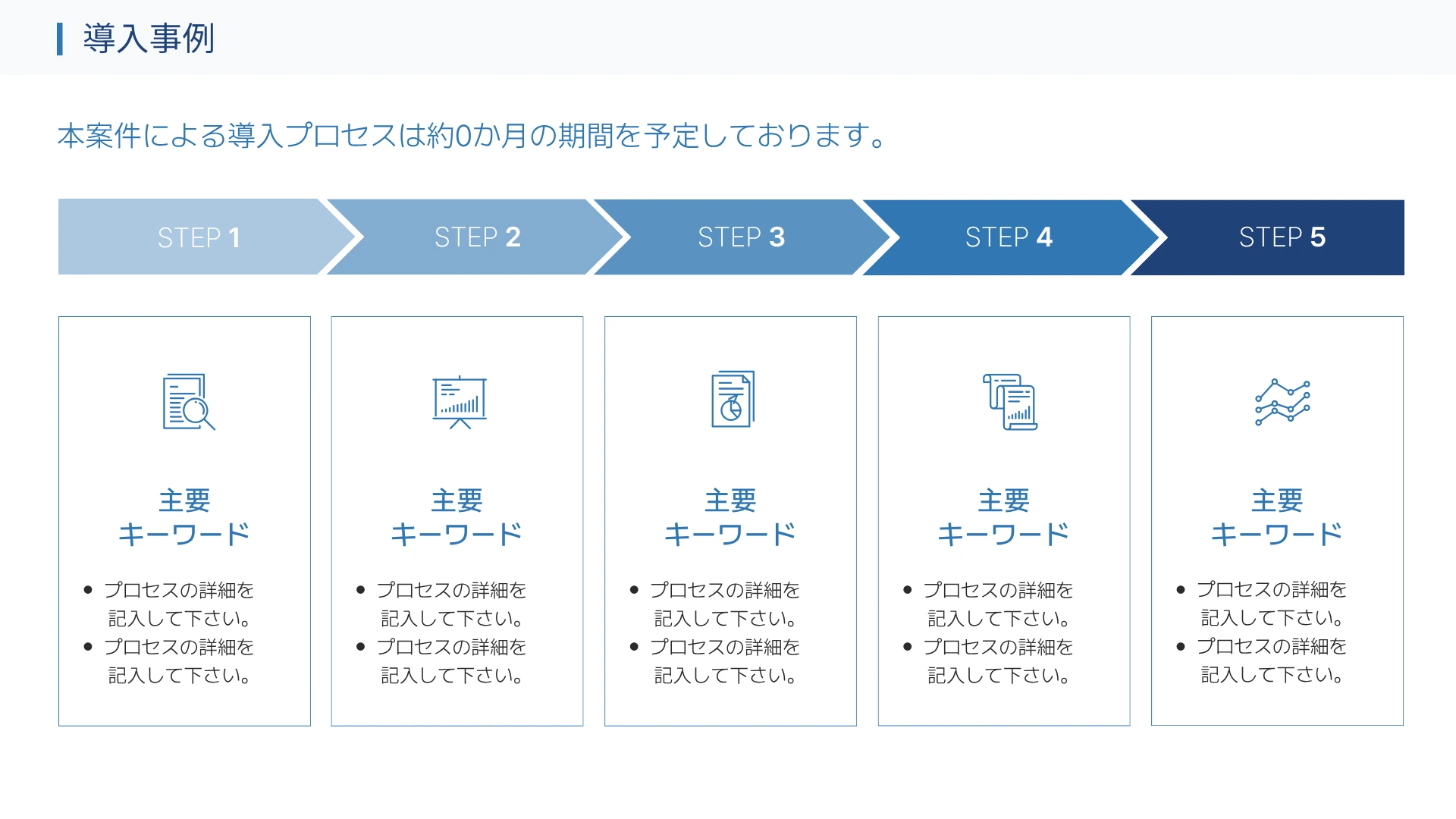 ロードマップテンプレート-青い矢印とアイコン付きの枠で5段階の導入プロセスを示した、ボックス型ロードマップ
