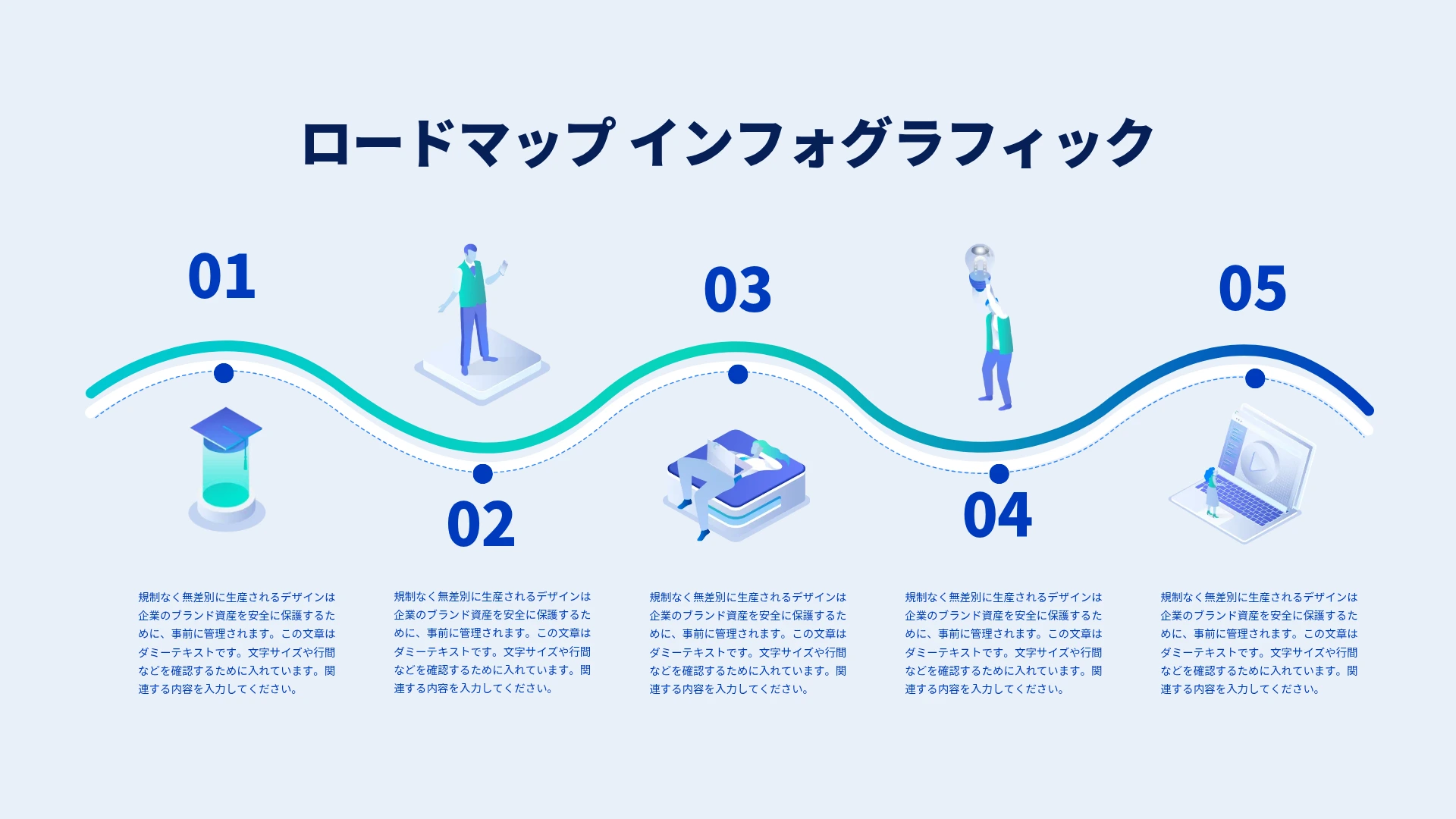 ロードマップテンプレート-波形の線に沿って5つの段階をイラストで示した、青いモダンなコンセプト型ロードマップ