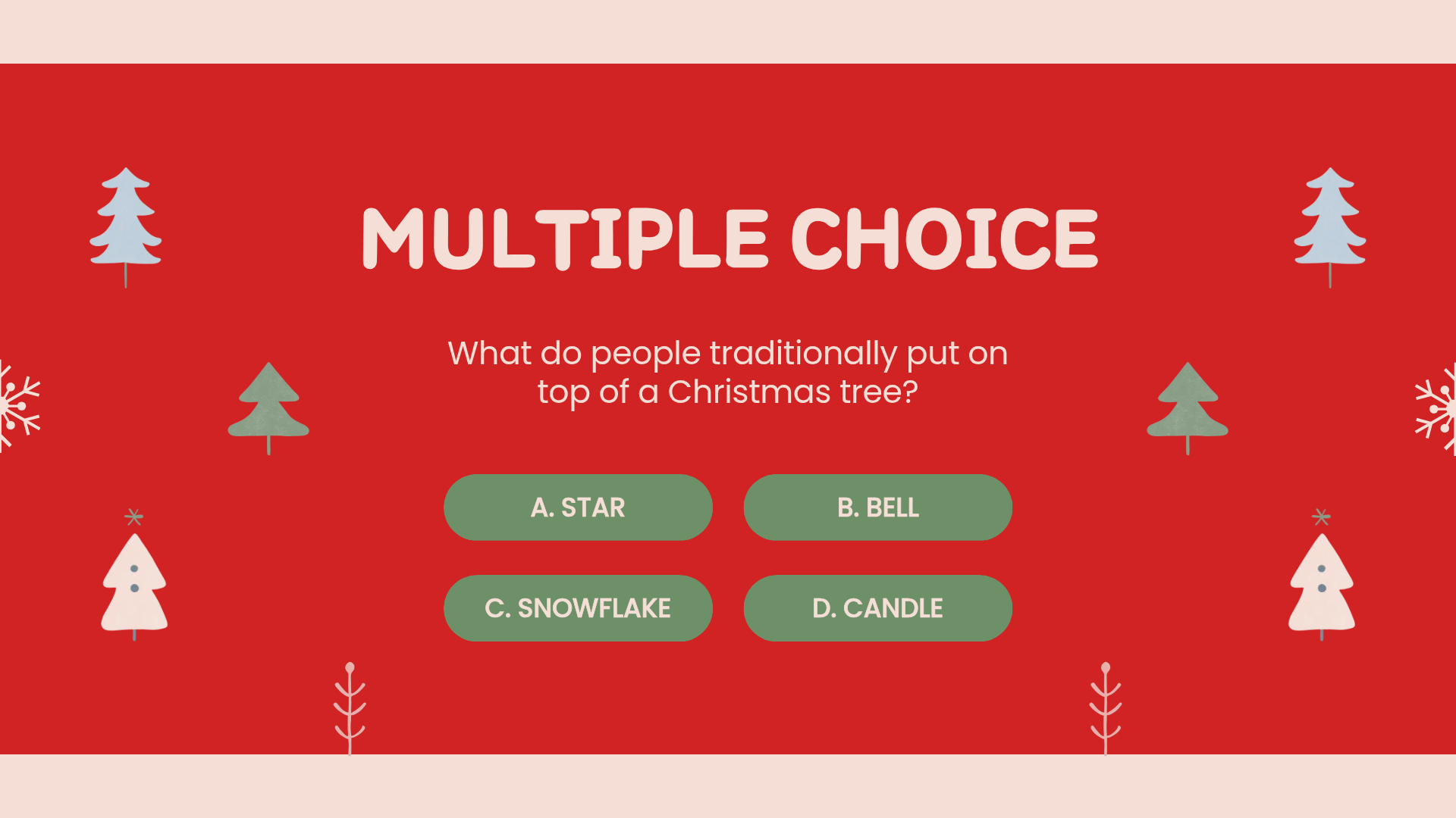 Christmas quiz presentation question slide with a tree-topper question and green answer buttons on a red background with small tree icons
