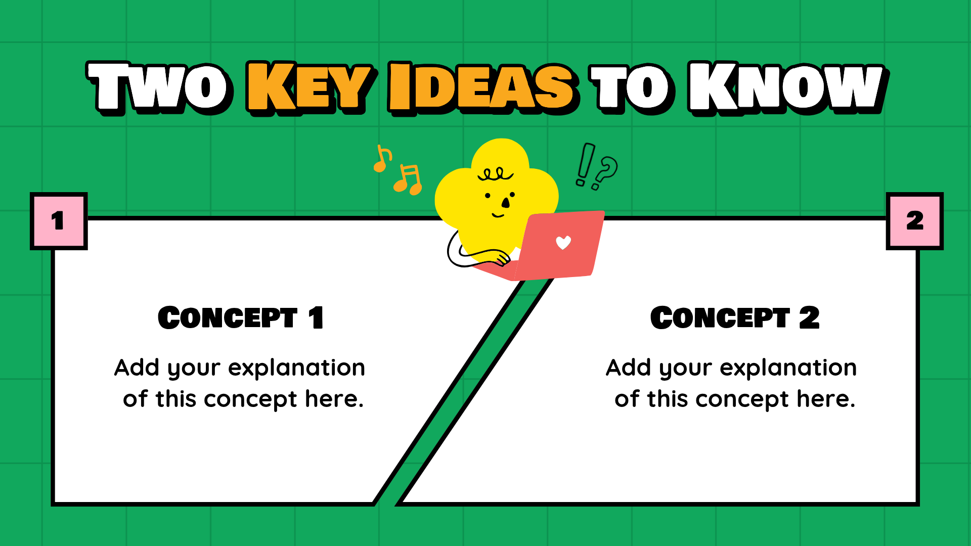 Green teacher slide template with two numbered concept sections and a playful cartoon illustration