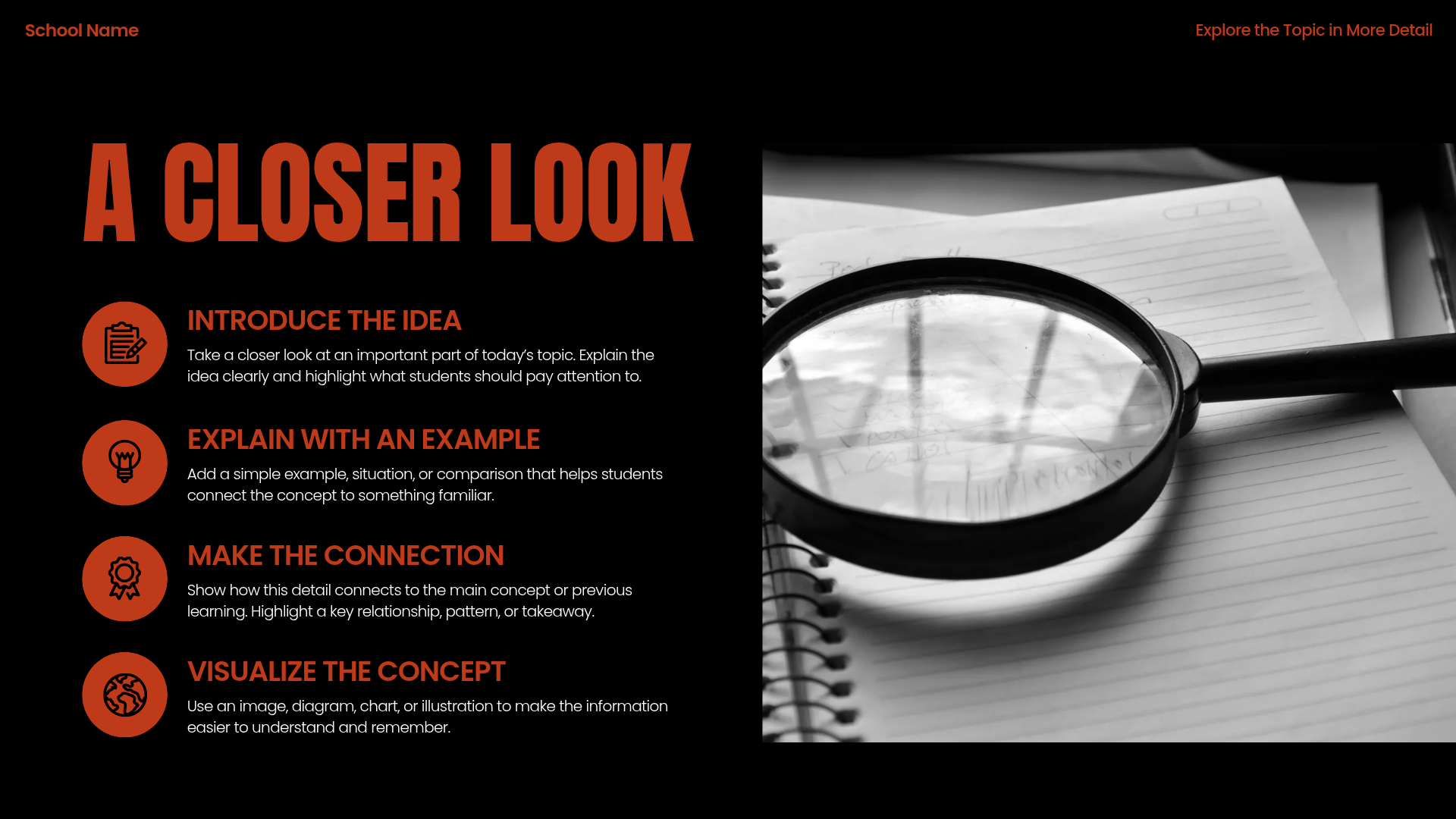 Black and red teaching slide with a magnifying glass image and text sections for exploring a concept in detail