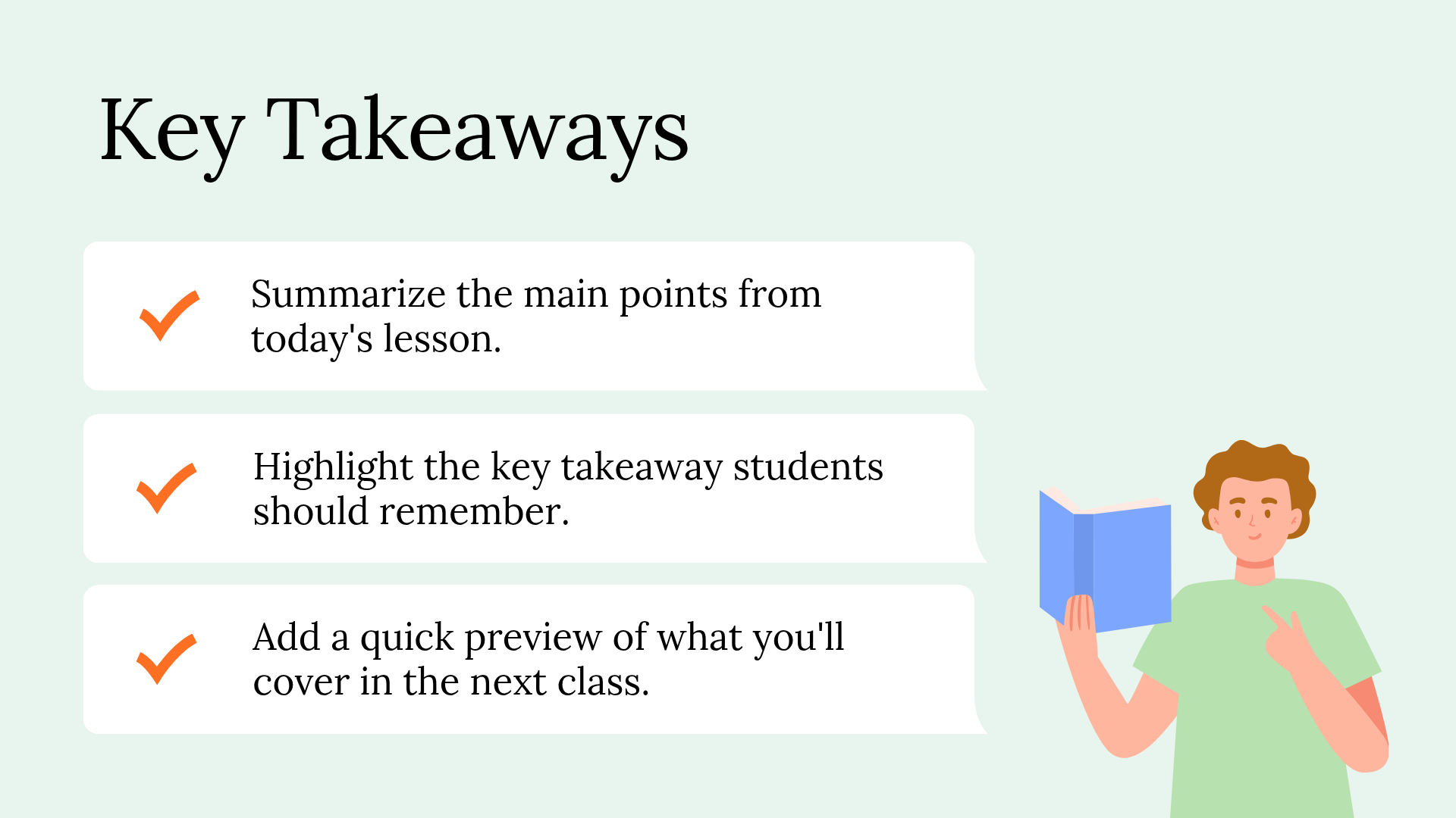 Green Key Takeaways classroom slide with three checklist sections for summarizing a lesson and previewing the next class