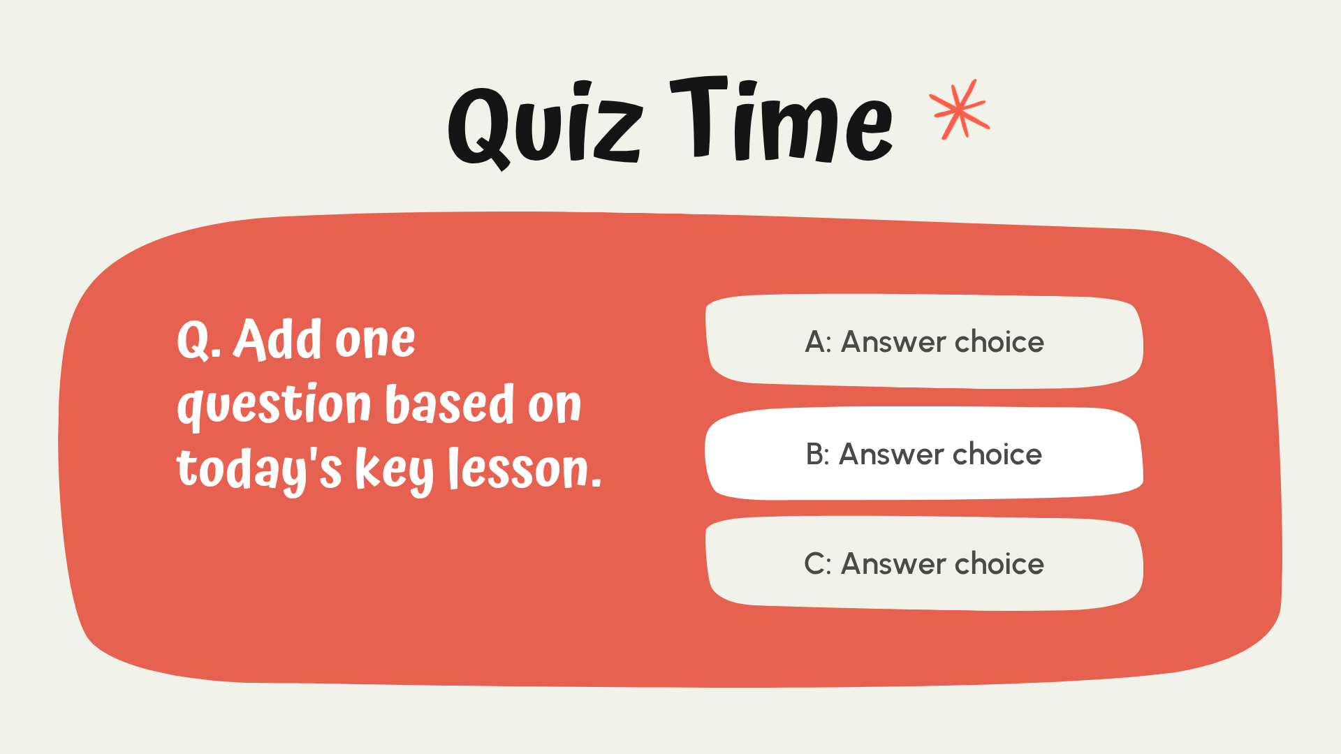 Quiz Time classroom slide with a coral question card and three multiple choice answers