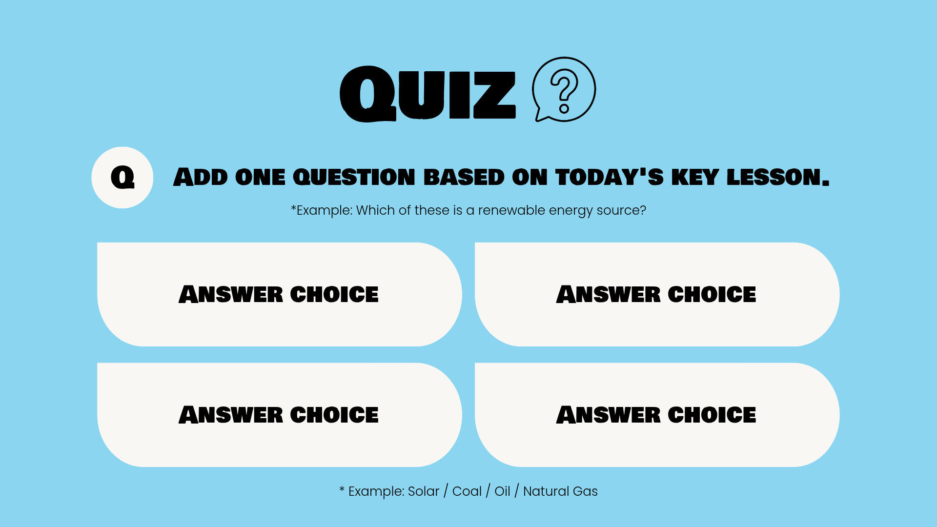 Light blue classroom quiz slide with a question area and four rounded multiple choice answer boxes