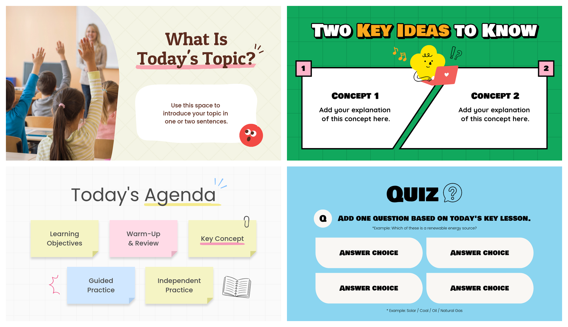 Teacher slides · topic intro, two key ideas, sticky-note agenda, and four-choice quiz by MiriCanvas
