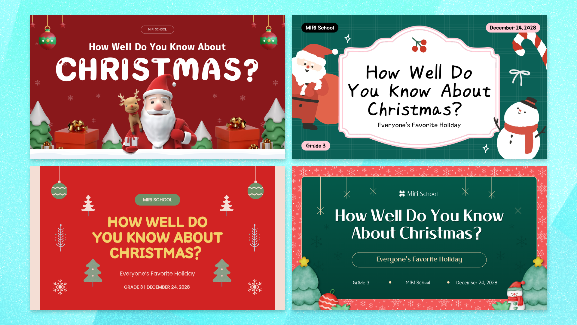 Christmas quiz presentation templates in four festive styles featuring Santa, plaid backgrounds, Christmas ornaments, and snowflake borders