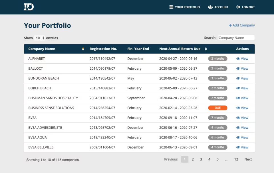 InfoDocs platform screenshot showing portfolio management dashboard
