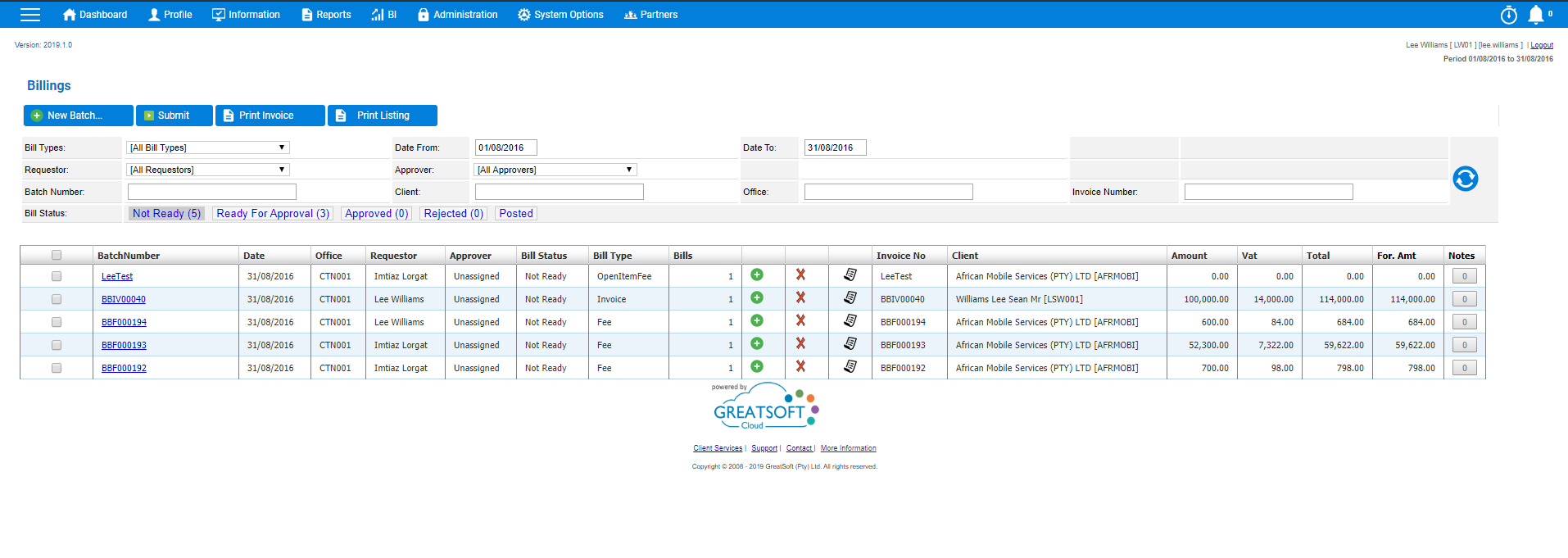 GreatSoft practice management platform screenshot