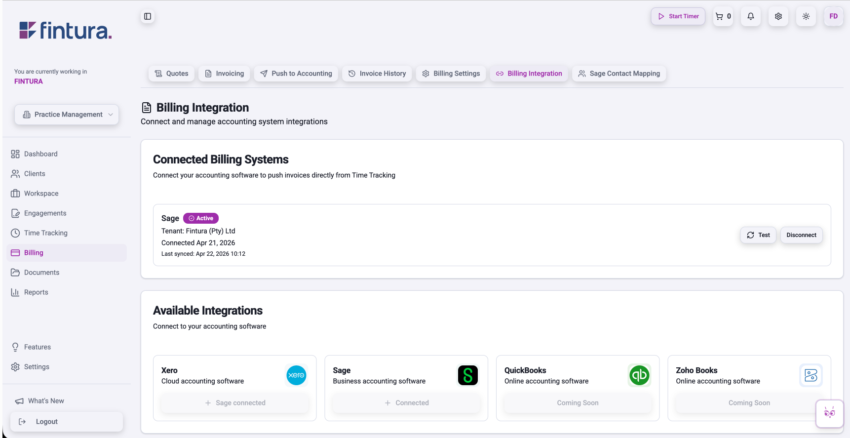 Fintura Billing Integration screen showing Sage connection option