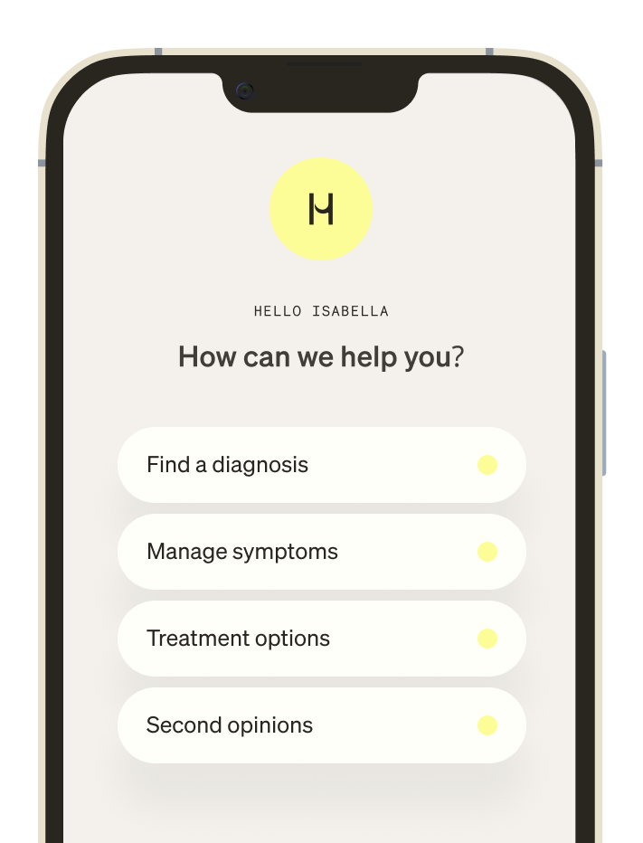 A phone showing Hazel platform with 4x options for patients to choose - Find a diagnosis, Manage symptoms, Treatment options and Second opinions