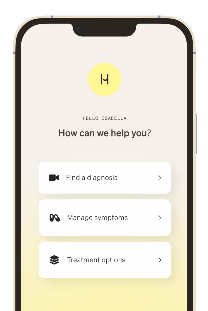 A phone showing Hazel platform with 4x options for patients to choose - Find a diagnosis, Manage symptoms, Treatment options and Second opinions