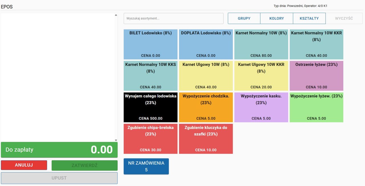 Przykładowy panel sprzedaży w systemie POS dla obiektu rekreacyjnego (lodowiska)