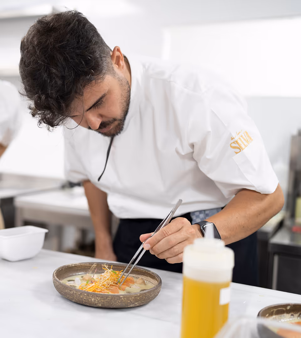 Chef plating gourmet dish with precision tweezers