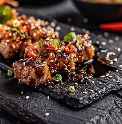 Glazed beef skewers with sesame and chili