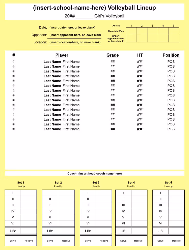 NFHS High School Volleyball Lineup Sheet Download Free