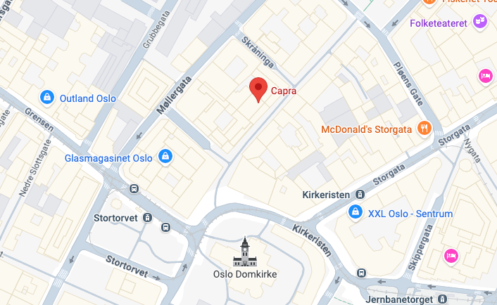 Utsnitt av kart fra Google maps, som viser Capra i Torggata 2-4 i Oslo