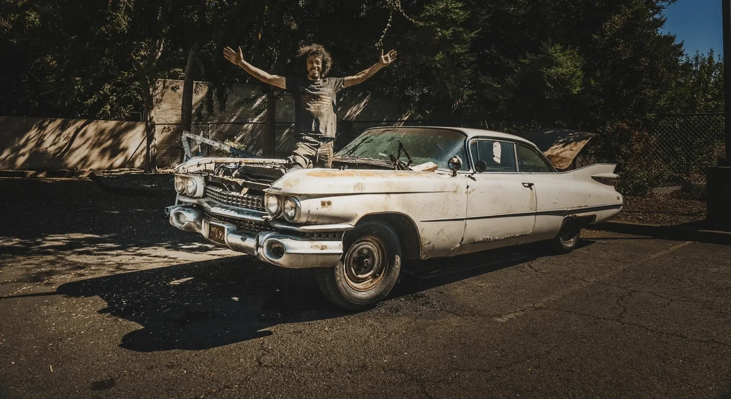 Person standing with arms raised behind the hood of a rusty white vintage Cadillac parked in the sun.