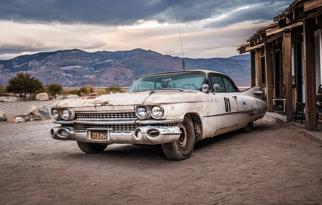 Rear view of a rusty white vintage Cadillac parked on an empty desert road under a clear blue sky.