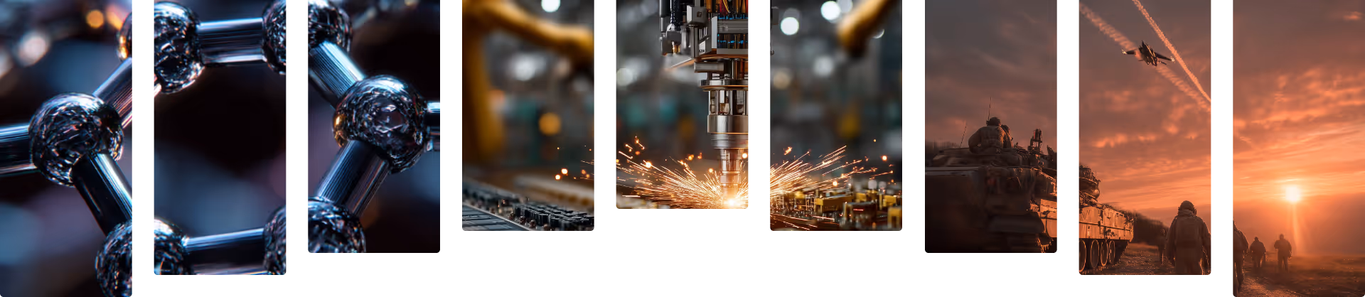 Close-up of metallic molecular structure, industrial machine welding sparks, and soldiers with tanks at sunset.