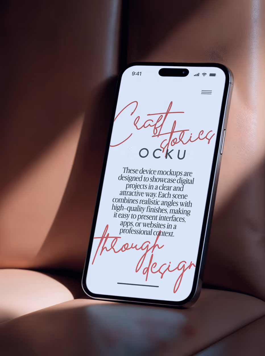 Smartphone leaning on a tan leather surface displaying text about digital project mockups with handwritten words 'Craft stories through design' overlaying the screen.