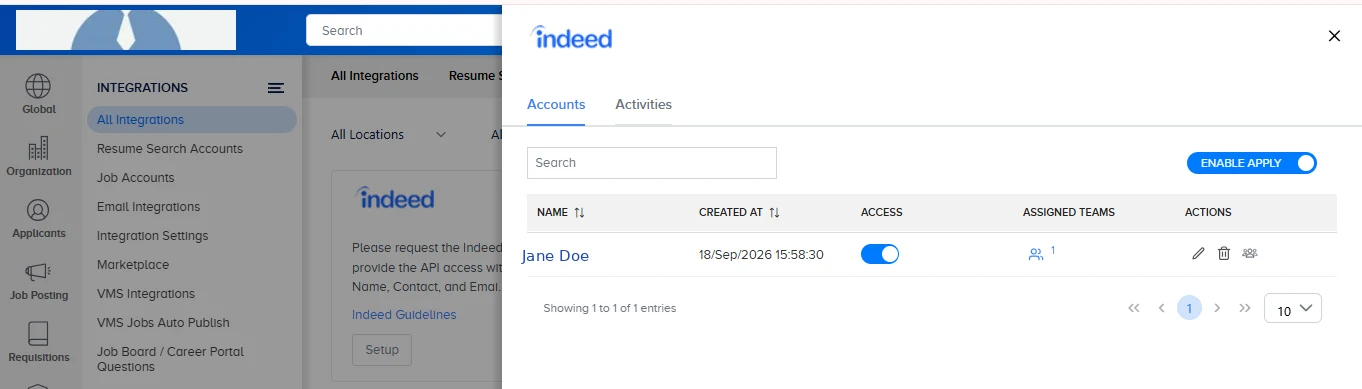 Enable Apply toggle switched on for the Indeed account