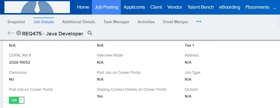 Job Details tab with Post Job on Career Portal set to ON