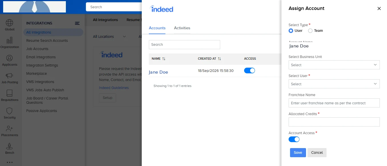 Assign Account panel with a user assigned to the Indeed account