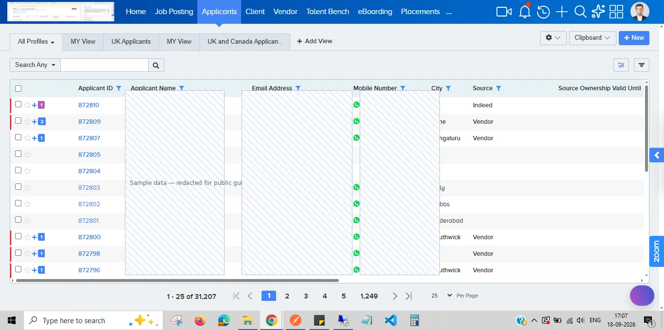 Applicants view in Ceipal ATS filtered to Source: Indeed