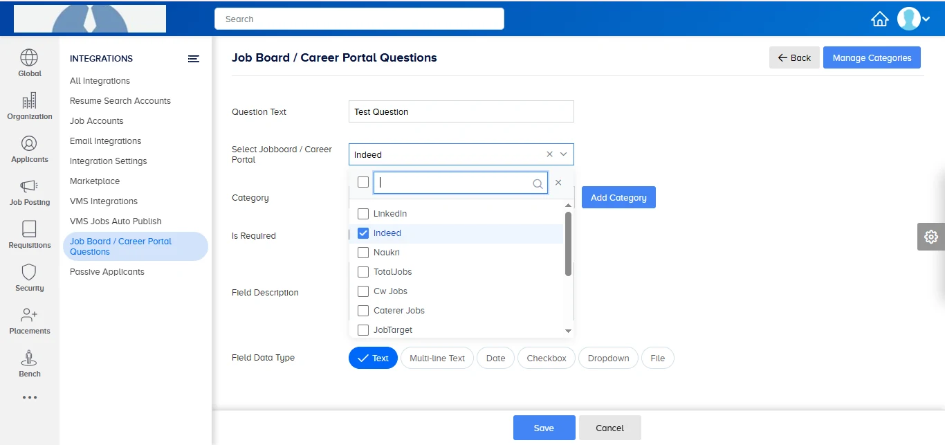 Job Board and Career Portal Questions setup panel