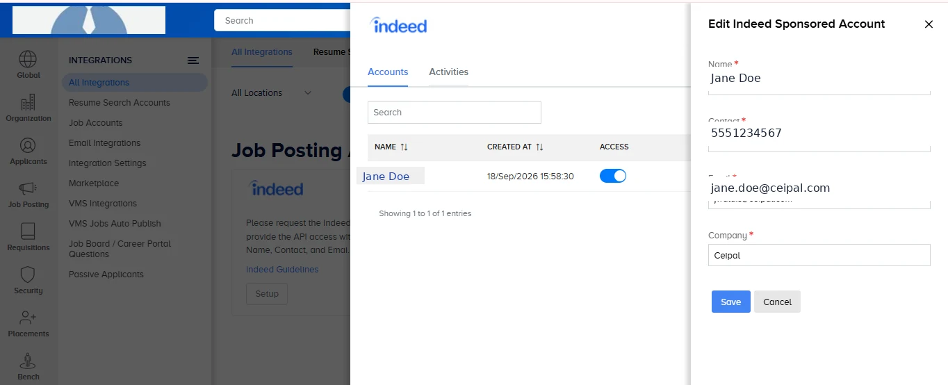 Edit Indeed Sponsored Account form with Name, Contact, Email, and Company fields