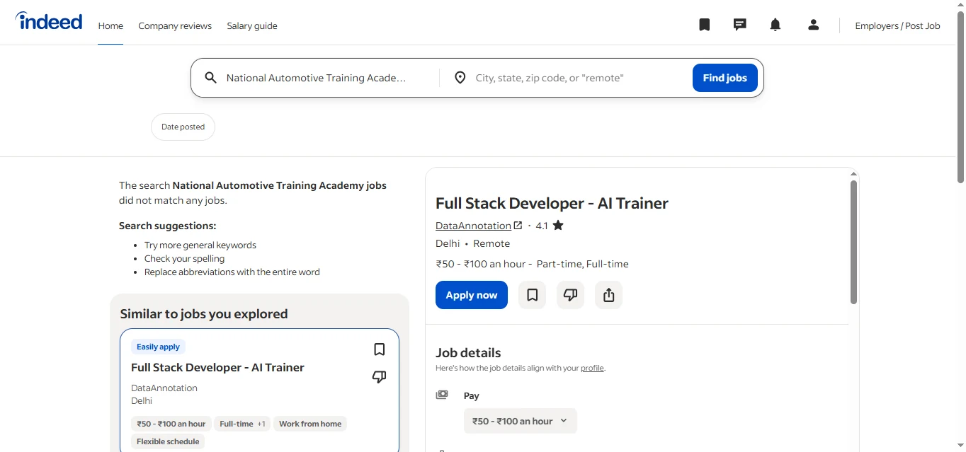 Example job listing on Indeed showing the Easily Apply badge