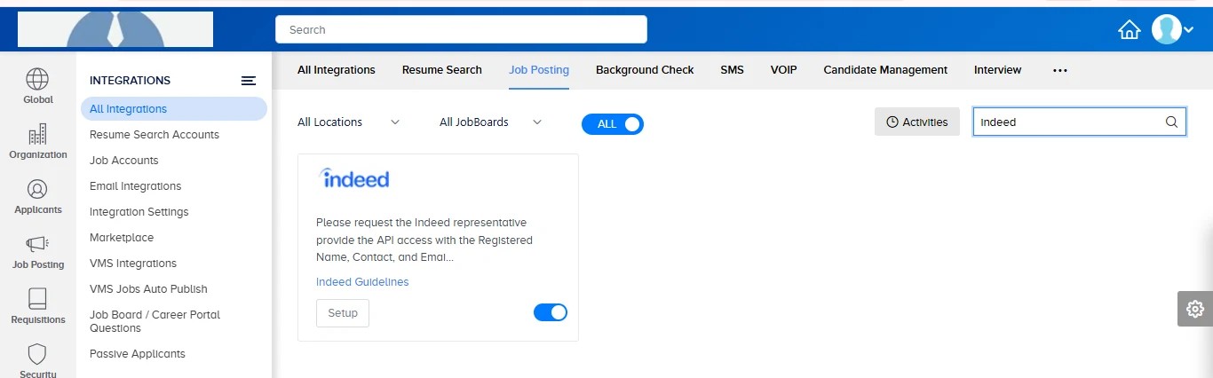 Job Posting tab in Integrations showing the Indeed card with a Setup button