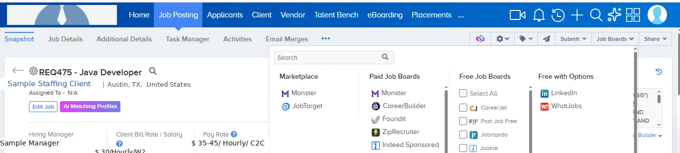 Job Boards dropdown showing the Indeed Sponsored option
